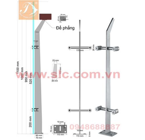Trụ lan can ban công thân đơn 10 ly, tay vịn gỗ vuông, kính 12mm, inox sus304