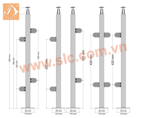 Trụ lan can inox hộp 40x40, kẹp kính không khoan.