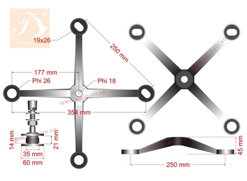 Chân nhên (Spider) liên kết kính, Inox 304, 316