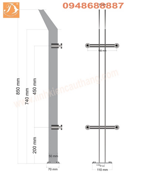 Trụ lan can ban công, thân đôi cao 850x50x5ly