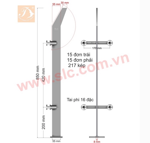 Trụ lan can kính Inox 850x55x8ly Asd