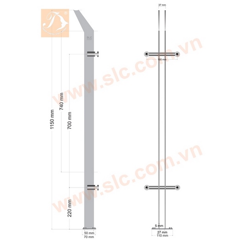 Trụ lan can kính BC1150x60x5 thân kép, Inox 316