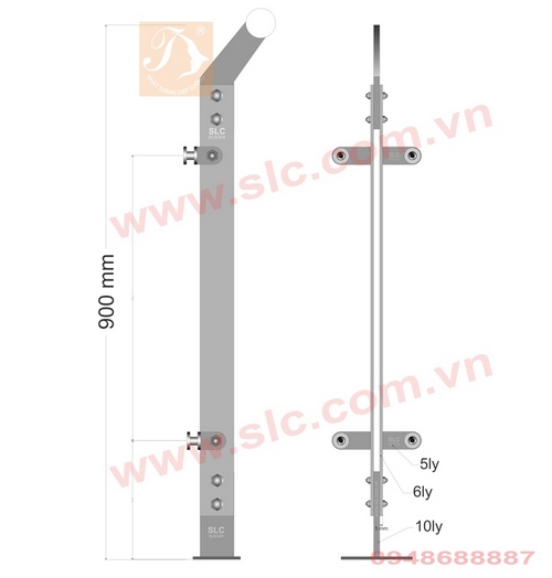 Trụ lan can ban công inox kính H900 thân kép 5ly