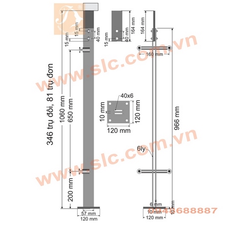 Trụ lan can kính H1060 Thân kép 6ly