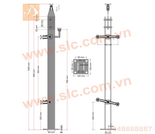 Trụ lan can cầu thang kính, 2 tay nắm