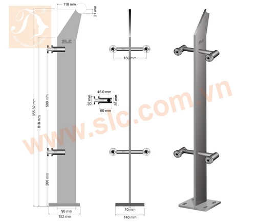 Trụ lan can kính cao 955x90x10mm