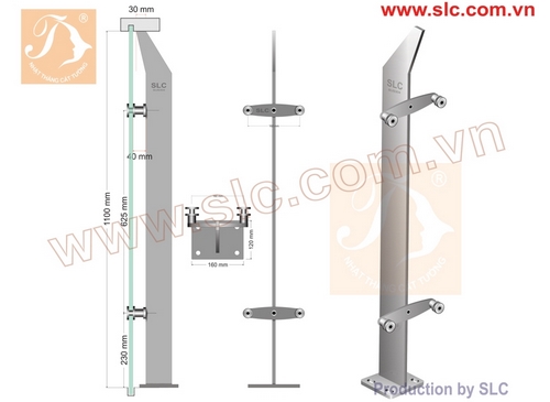 Trụ lan can inox kính nằm phía trong, tay xoay 360 độ.