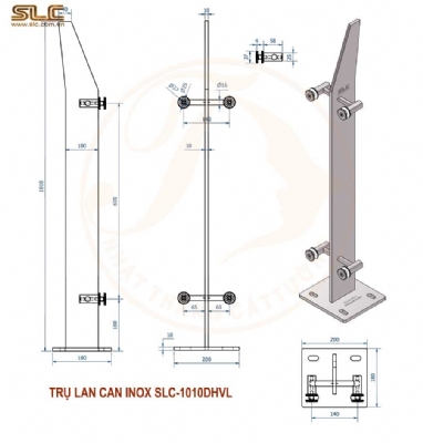 Chân trụ lan can inox-kính, kích thước 1010x100x10mm