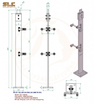 Chân trụ lan can kính 1009x75x12. tay đúc, đầu tăng chỉnh chiều cao.