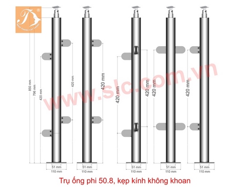 Trụ lan can kính ống inox phi 50.8, kẹp kính không khoan