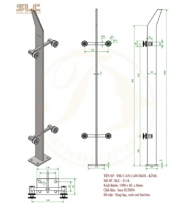 Chân trụ lan can inox - kính 1050x60x8mm, inox 304 hoặc inox 316