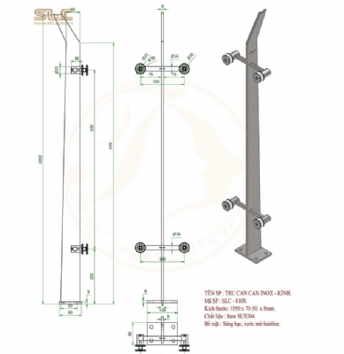 Chân trụ lan can inox - kính 1050x70-50x8mm, inox 304 hoặc inox 316
