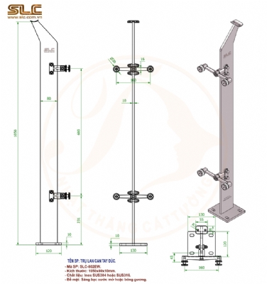 Chân trụ lan can kính 1050x80x10mm, tay đúc nguyên khối