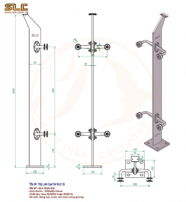 Chân trụ lan can kính 1050x80x10mm, tay đúc D25
