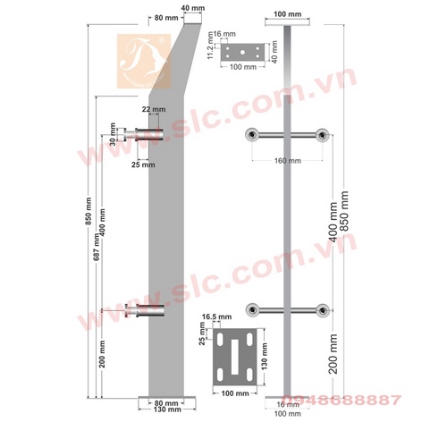 Trụ lan can kink -inox 16mm 850x80 kính 18mm