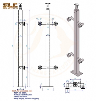 Chân trụ lan can kính làm từ hộp inox 40x40, tay đòn gánh, gồm 4 quả treo kính