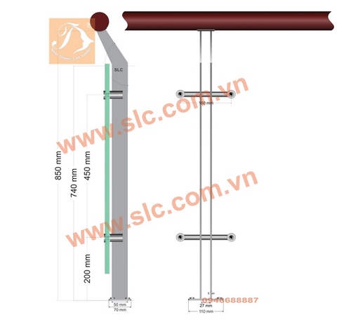 Tru lan can kính, Inox 5mm, thanh kép, tay vịn gỗ