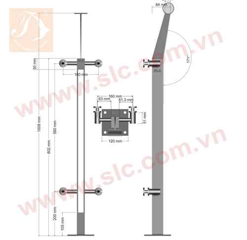 Trụ lan can kính thân kép 5mm cao 1080mm