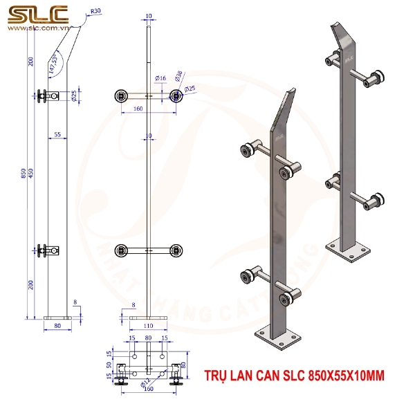 TRỤ LAN CAN KÍNH SLC 850X55X10MM