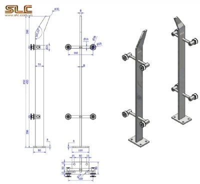 Trụ lan can kính Inox 850x55x8ly Asd