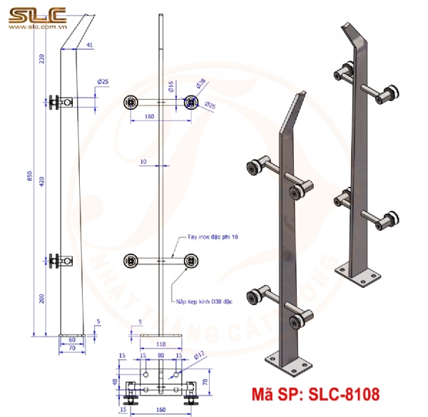 TRỤ LAN CAN KÍNH SLC-8108 (850x60-40x10)MM