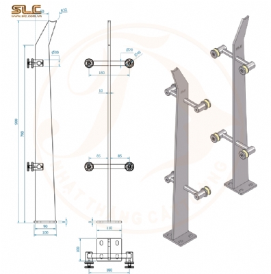 Trụ lan can kính, trụ cao 900x90-60x10mm
