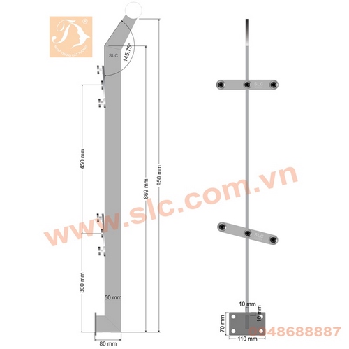 Trụ lan can cầu thang inox kính chân bắt cạnh