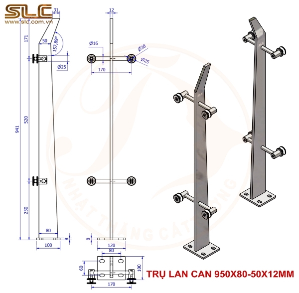 TRỤ LAN CAN INOX - KÍNH KT: 950X80-50X12MM