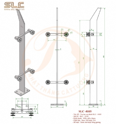 Chân trụ lan can kính, chân lan can inox, trụ cao 850x60x8mm