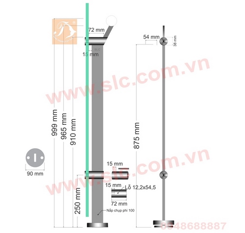 Trụ lan can inox kính thân đơn đặc 12mm