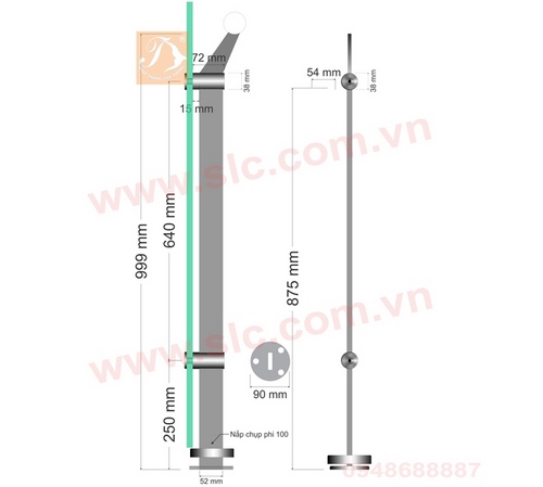 Trụ lan can kính, Inox đặc dày 12mm