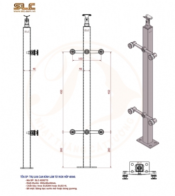 Chân lan can kinh làm tư họp inox 40x40 kết hợp tay kính đúc