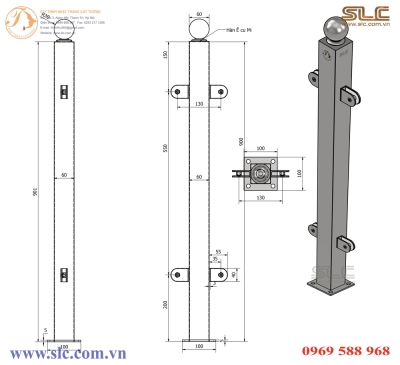 Tru lan can kính ngoài trời làm từ hộp inox 60x60, lan can không tay vịn