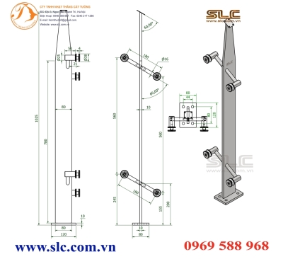 Chân trụ lan can cầu thang kính tay chéo theo