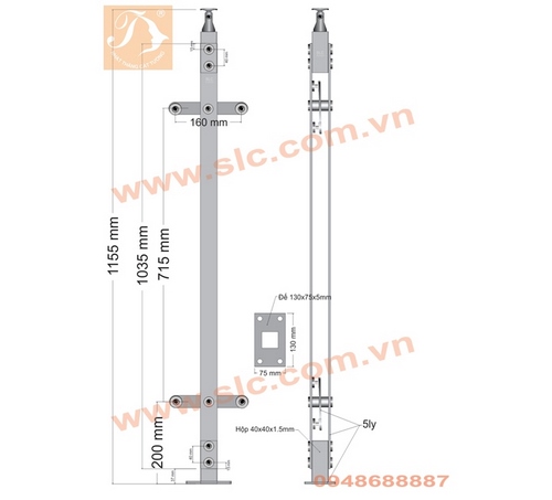 Trụ lan can cầu thang kính H1150 x 40x5mm