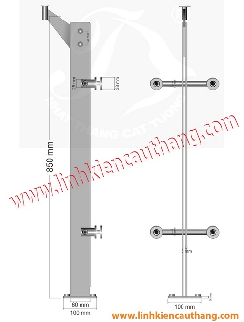 trụ lan can kính, inox xước mờ, sản xuất theo bản vẽ của khách hàng